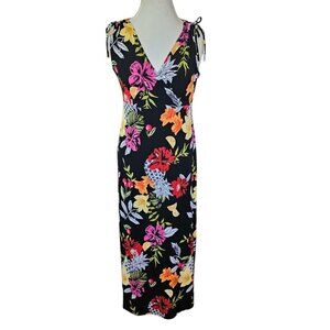 Y2K Floral Babydoll Maxi Dress Black Hawaiian Tropical Slinky Sz M 8 10 Cherries